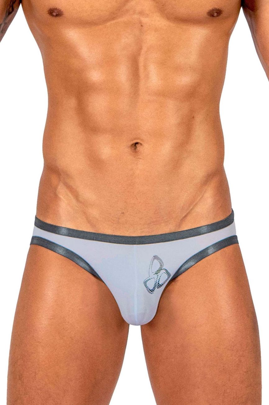 Light gray men’s briefs with dark gray trim and subtle embroidered butterfly in private structure bare bikini lilac color