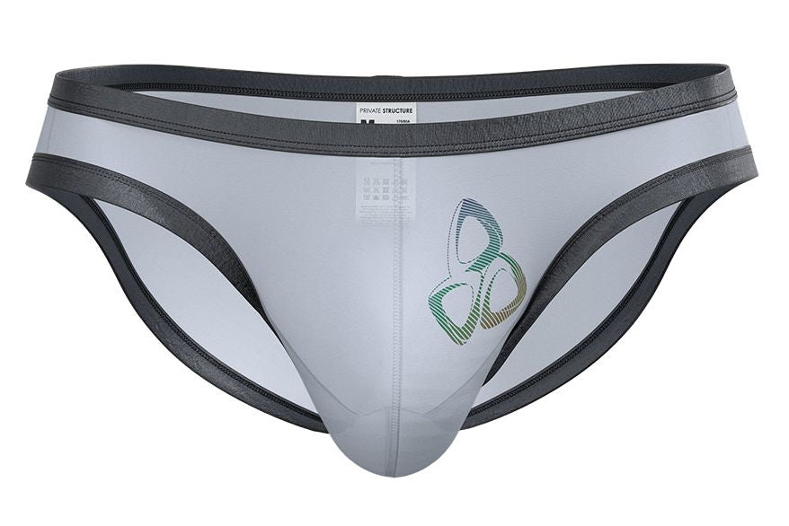 Private structure brut4393 bare bikini briefs in gray and black with a subtle green logo on the front