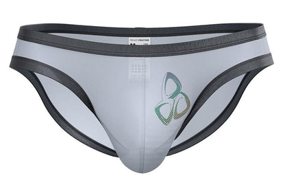 Private structure brut4393 bare bikini briefs in gray and black with a subtle green logo on the front