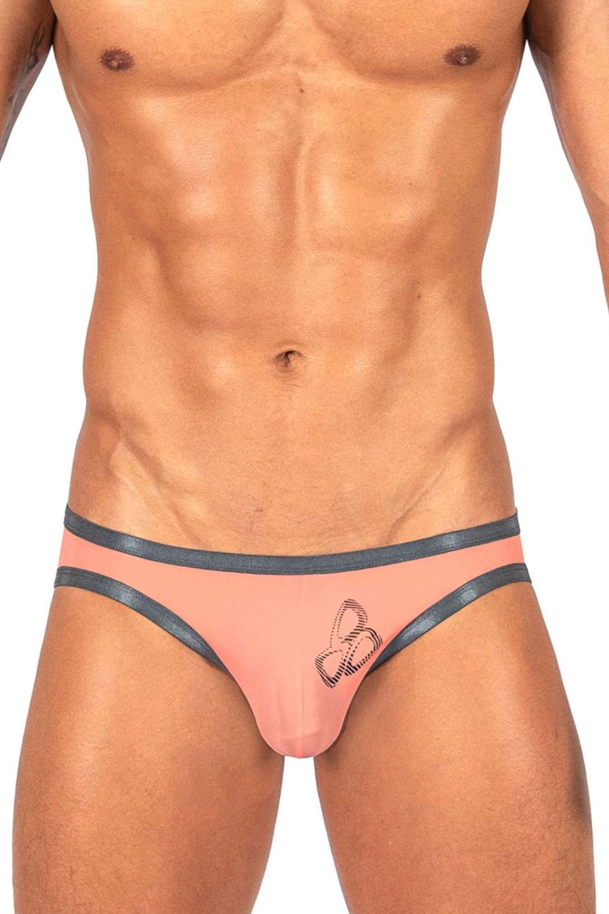 Pink Private Structure BRUT4393 bare bikini briefs with dark gray trim and embroidered butterfly in orange color