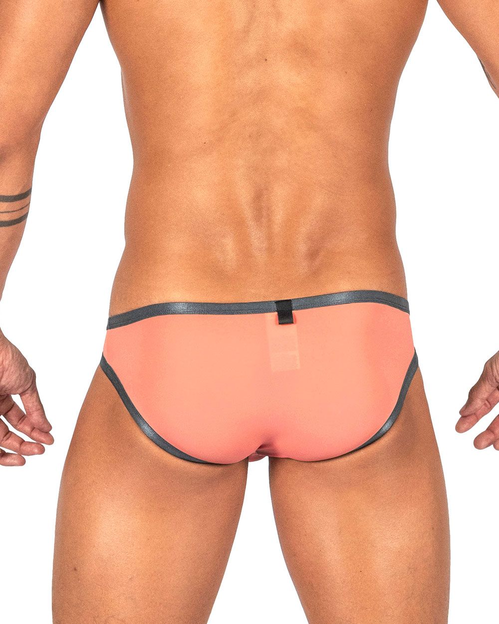 Coral-colored briefs with black trim and a small black tab at the back in private structure brut4393 bare bikini orange