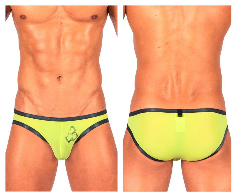 Bright neon yellow Private Structure BRUT4393 Bare Bikini swim trunks with black trim and small embroidered logo on front