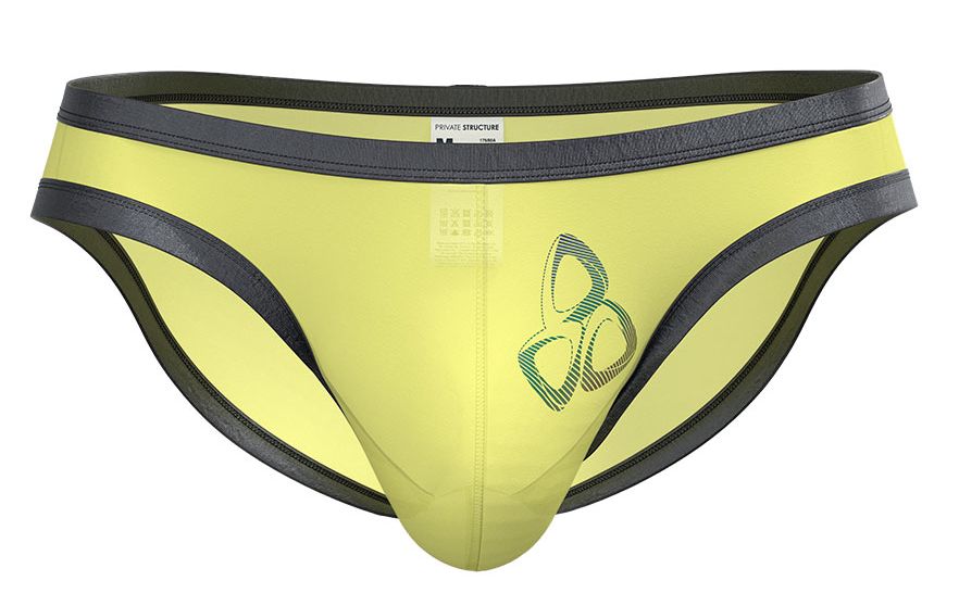 Bright yellow private structure brut4393 bare bikini briefs with black trim and green geometric logo on front