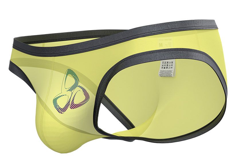 Bright yellow private structure brut4393 bare bikini men’s briefs with black trim and colorful abstract logo on the side