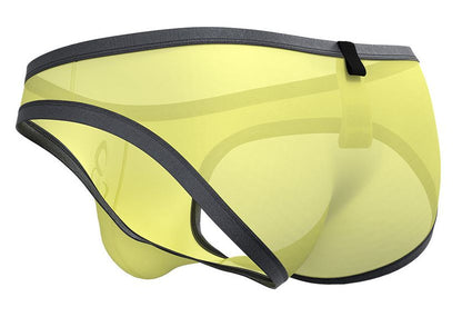 Yellow translucent mesh briefs with black elastic trim and small black tab at waistband by private structure