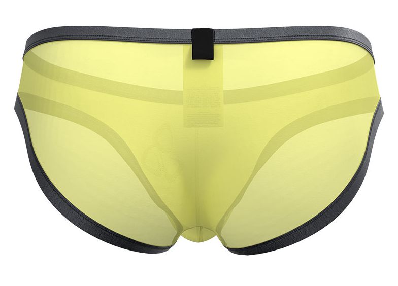 Yellow sheer briefs with black trim and central black tab at the back from private structure bare bikini collection