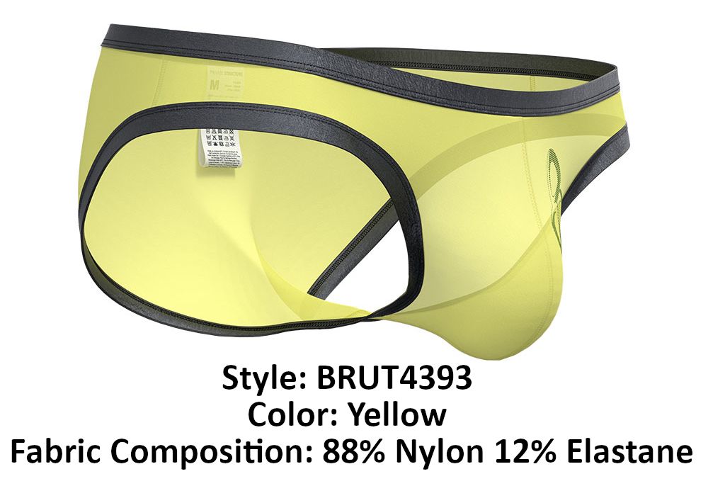 Yellow men’s briefs by private structure brut4393 bare bikini with black trim made of 88% nylon 12% elastane