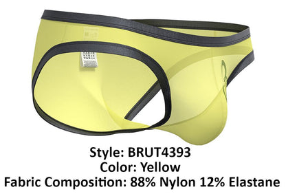 Yellow men’s briefs by private structure brut4393 bare bikini with black trim made of 88% nylon 12% elastane