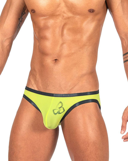 Vibrant neon yellow briefs with black trim and subtle embroidered logo by private structure bare bikini color yellow