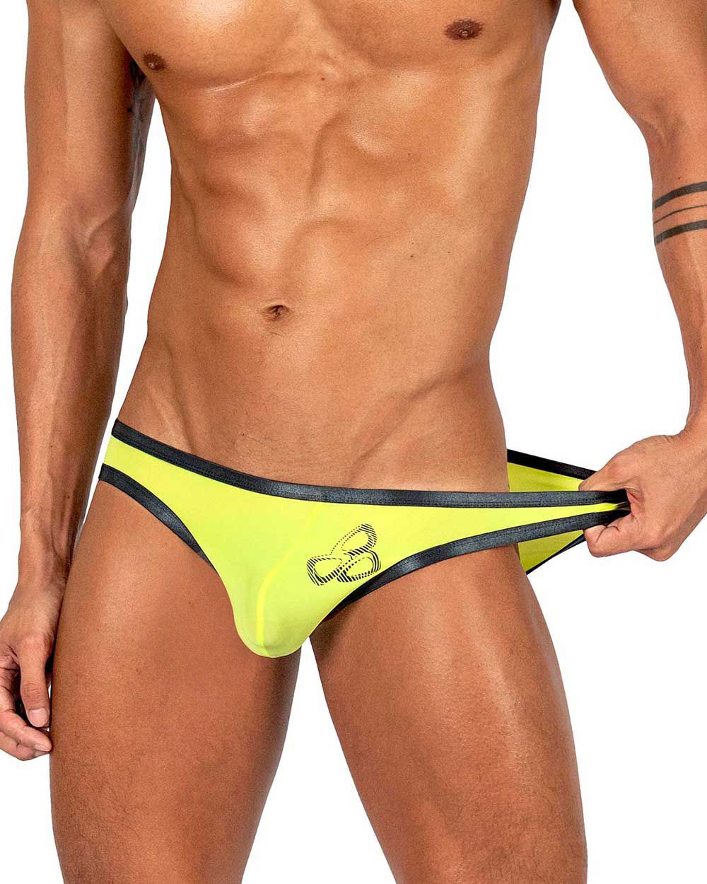 Vibrant neon yellow thong with black trim and subtle logo from private structure brut4393 bare bikini collection