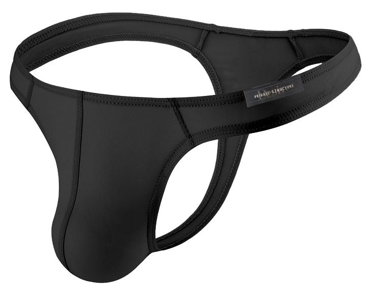 Black neoprene thong by Private Structure with sleek form-fitting design and reinforced stitching in black color
