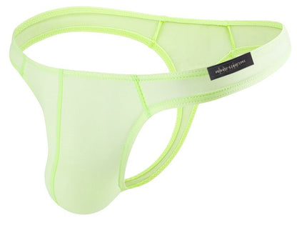 Neon green mesh thong with black private structure brand tag in lime color for comfortable everyday wear