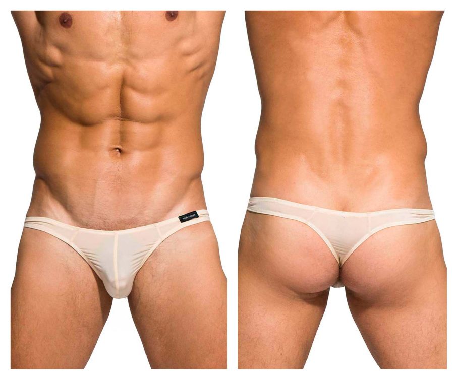Cream-colored sheer mesh thong with black brand tag on left hipband by Private Structure nude desire glaze