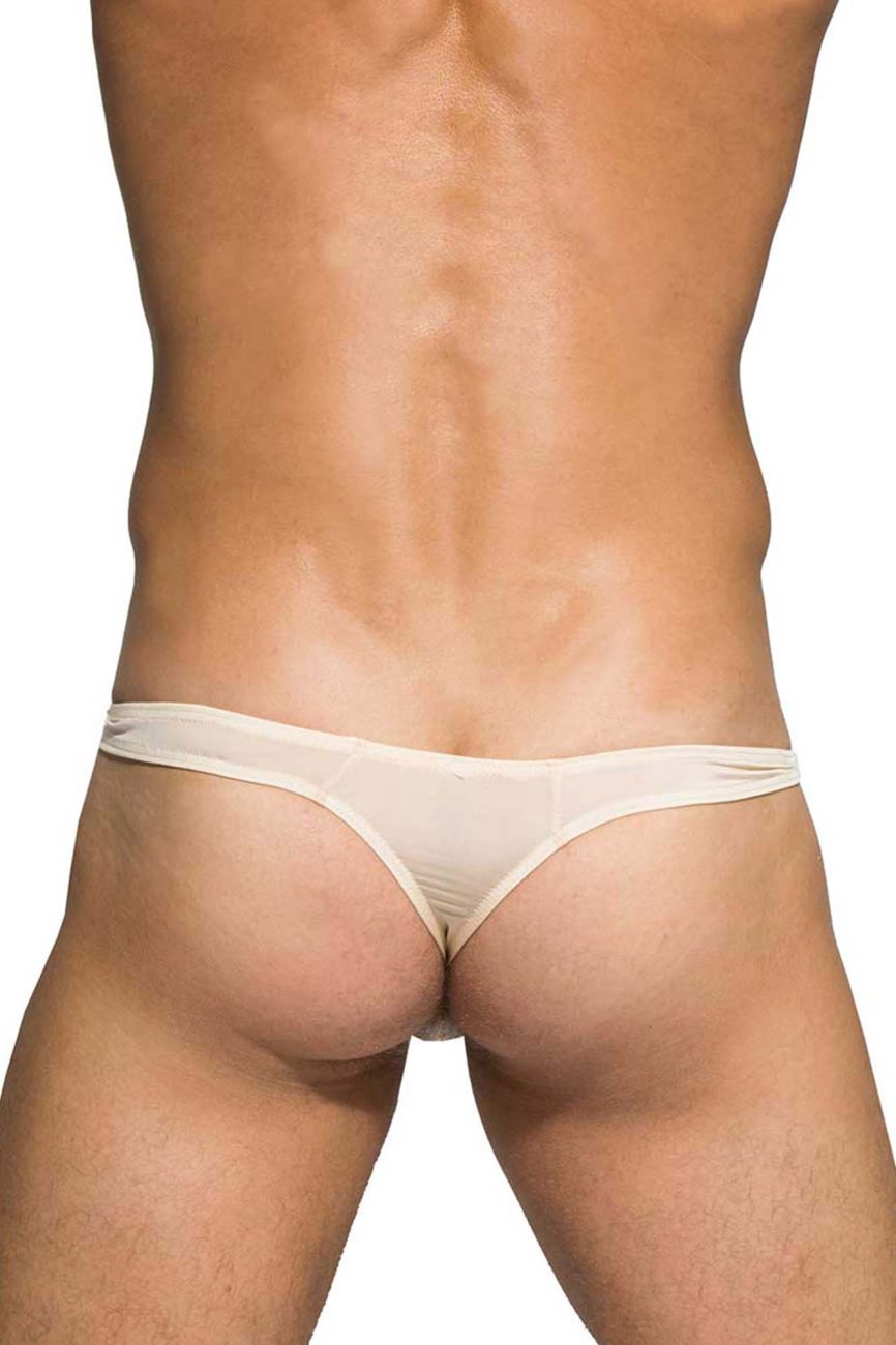 Private structure desire glaze nude thong featuring beige sheer mesh material for a delicate, minimal look