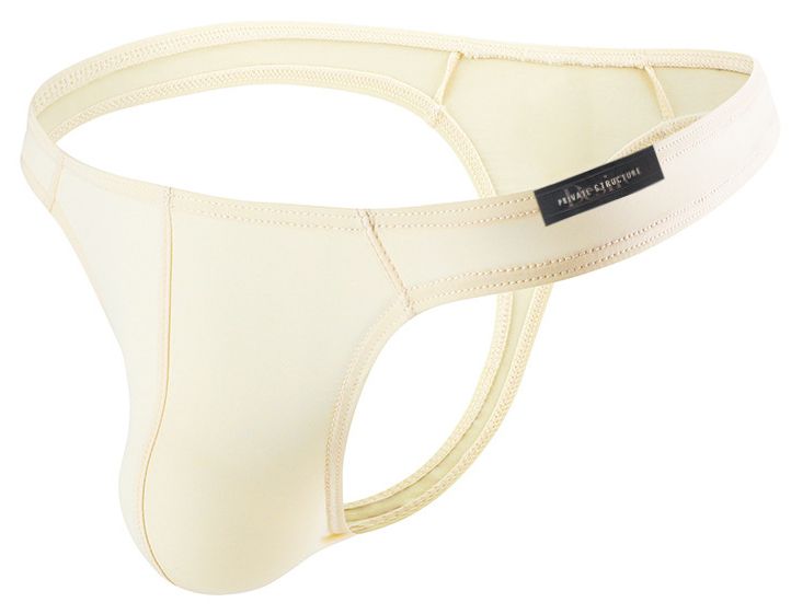 Cream-colored smooth textured men’s thong with black private structure brand tag on waistband nude color