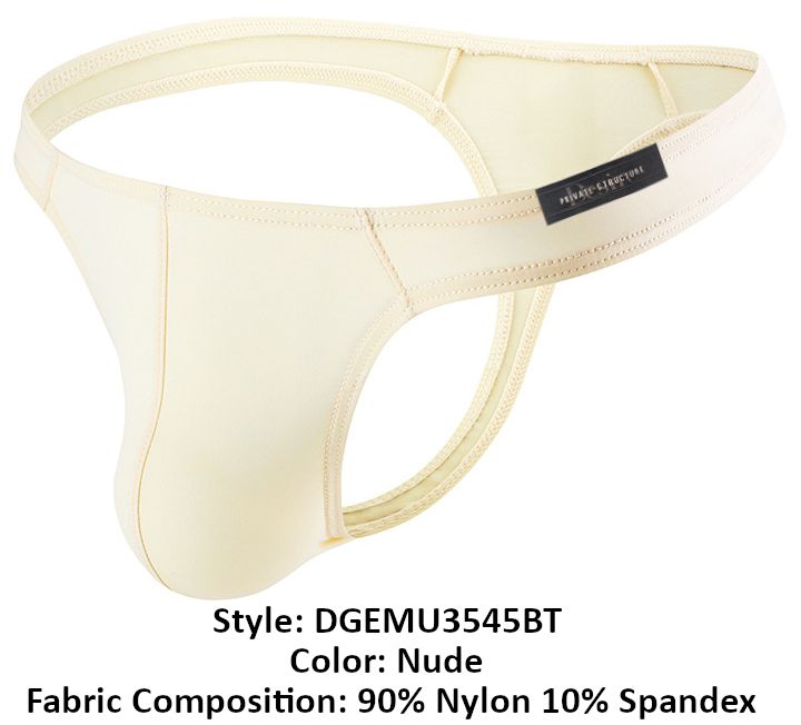 Nude-colored form-fitting thong by private structure made of 90 nylon 10 spandex with sleek smooth texture