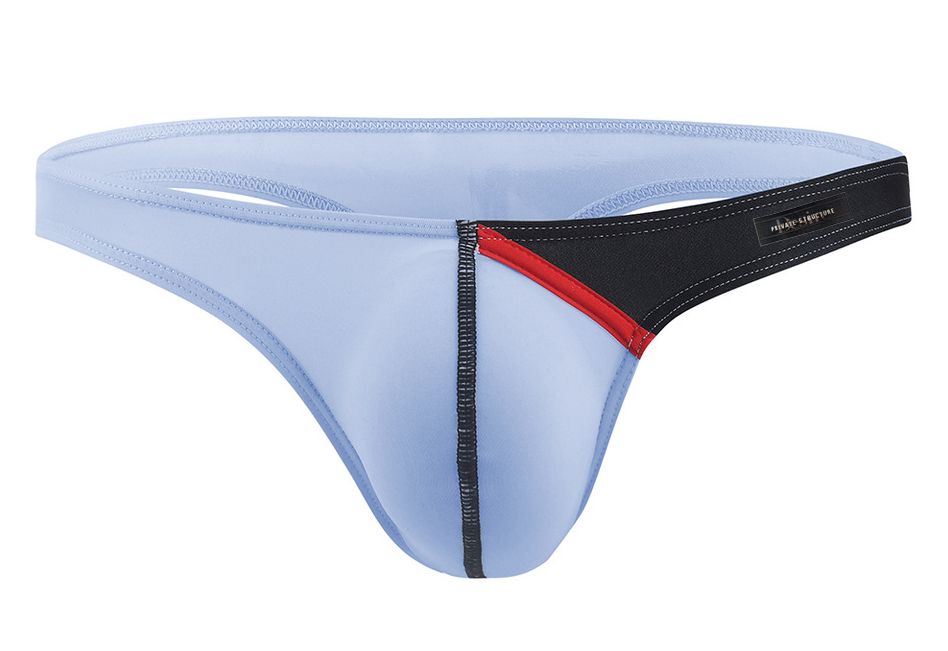 Light blue athletic g-string brief with black and red trim featuring sleek design and reinforced stitching by private structure