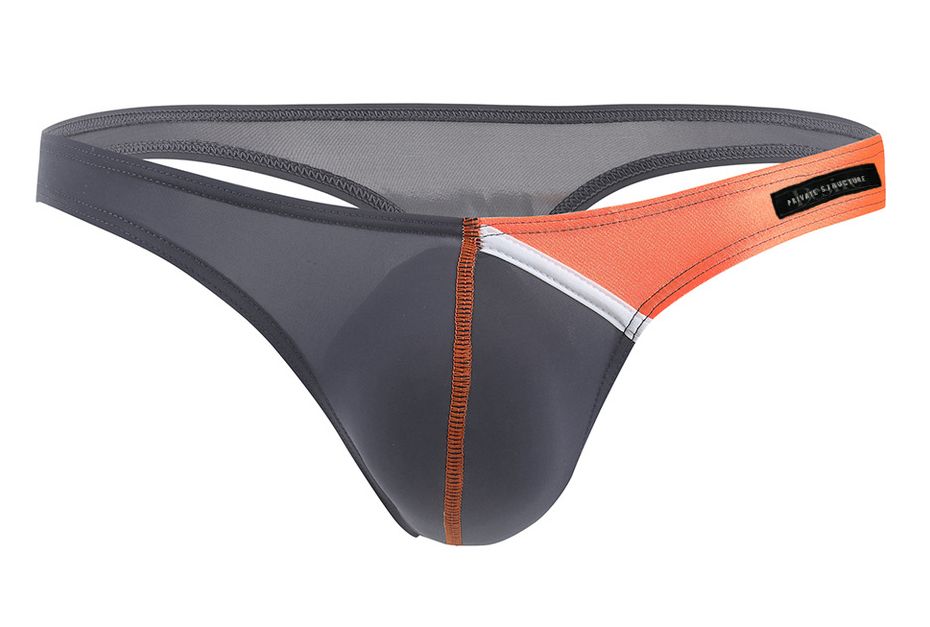 Private Structure DGUY4025 Desire Glaze gray g-string thong with dark gray and orange mesh backband and contrasting stitching