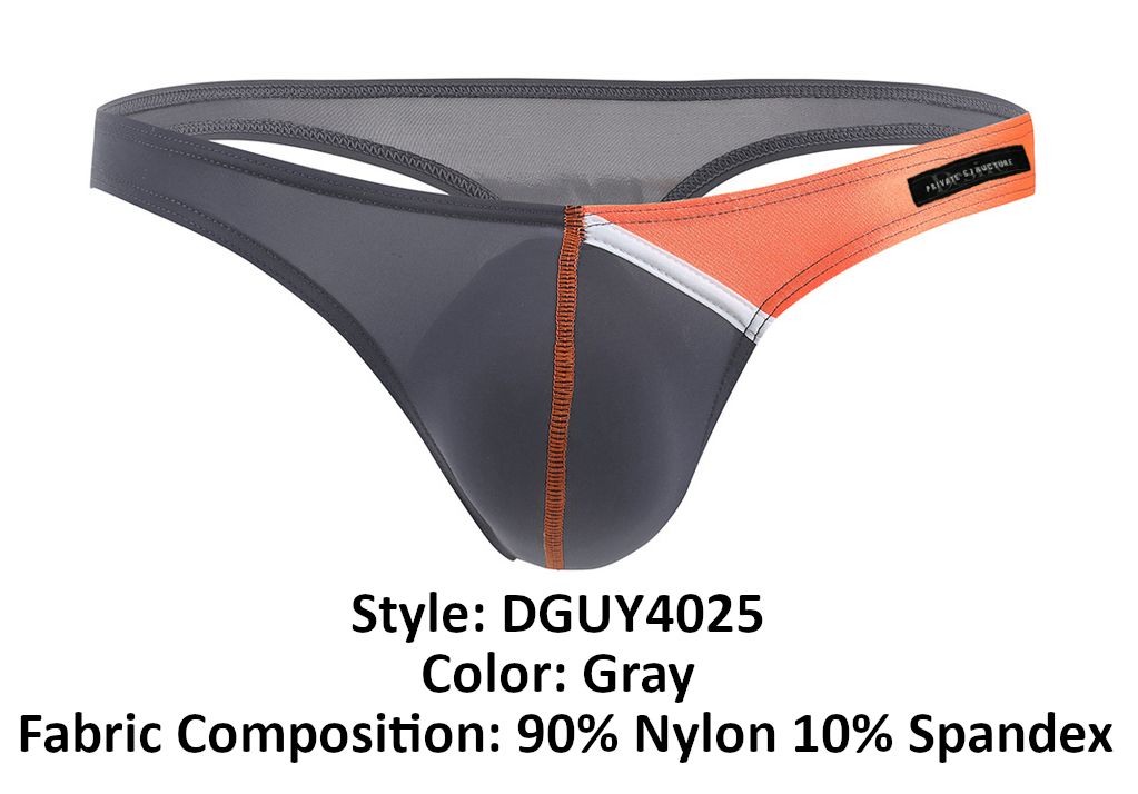 Gray and orange thong with mesh waistband made of 90 nylon and 10 spandex from Private Structure DGUY4025 Desire Glaze