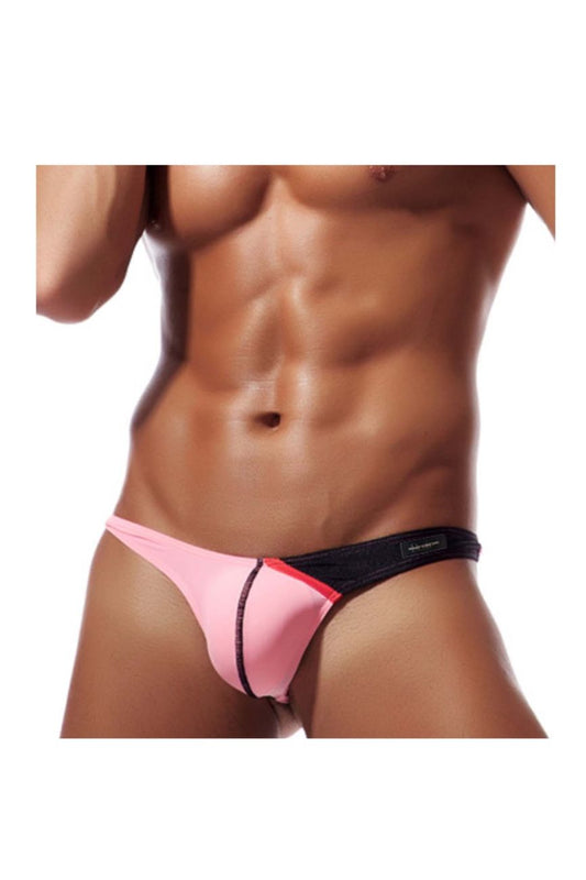Pink and black private structure desire glaze g-string thong with sleek contoured design shown from the back side