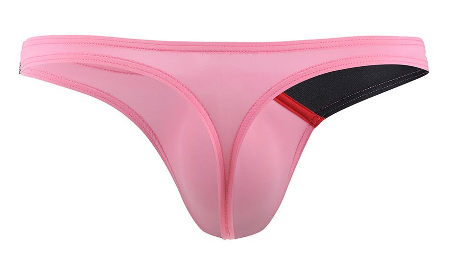 Pink sheer thong g-string by Private Structure with black and red accent panel visible from the back side