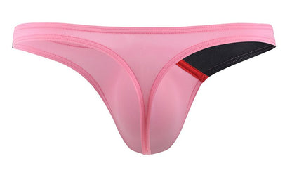 Pink sheer thong g-string by Private Structure with black and red accent panel visible from the back side