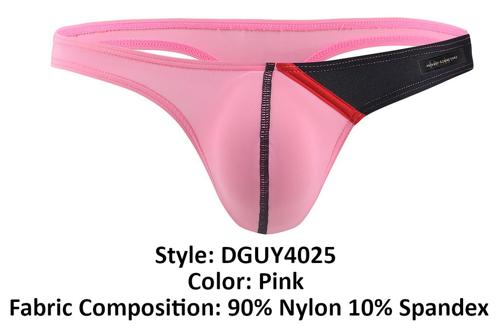 Pink thong g-string with black and red trim made of 90 nylon and 10 spandex from private structure desire glaze line