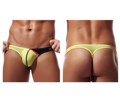 Private structure dgu y4025 desire glaze g-string thong in vibrant yellow and black with red accent stripe shown from the back