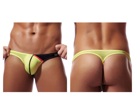 Private structure dgu y4025 desire glaze g-string thong in vibrant yellow and black with red accent stripe shown from the back