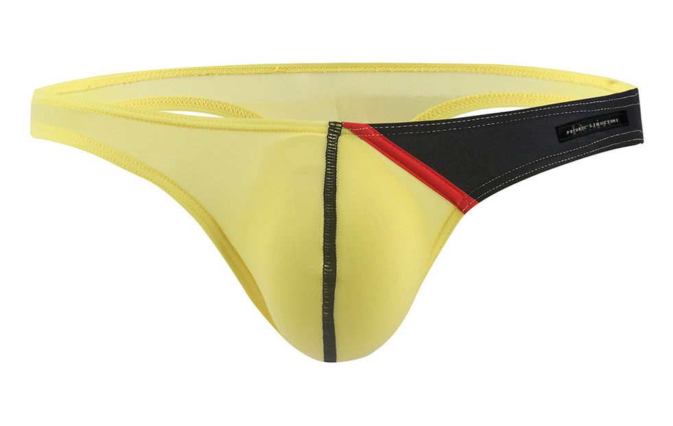 Yellow mesh thong g-string with black and red trim by private structure sleek design dguY4025 desire glaze