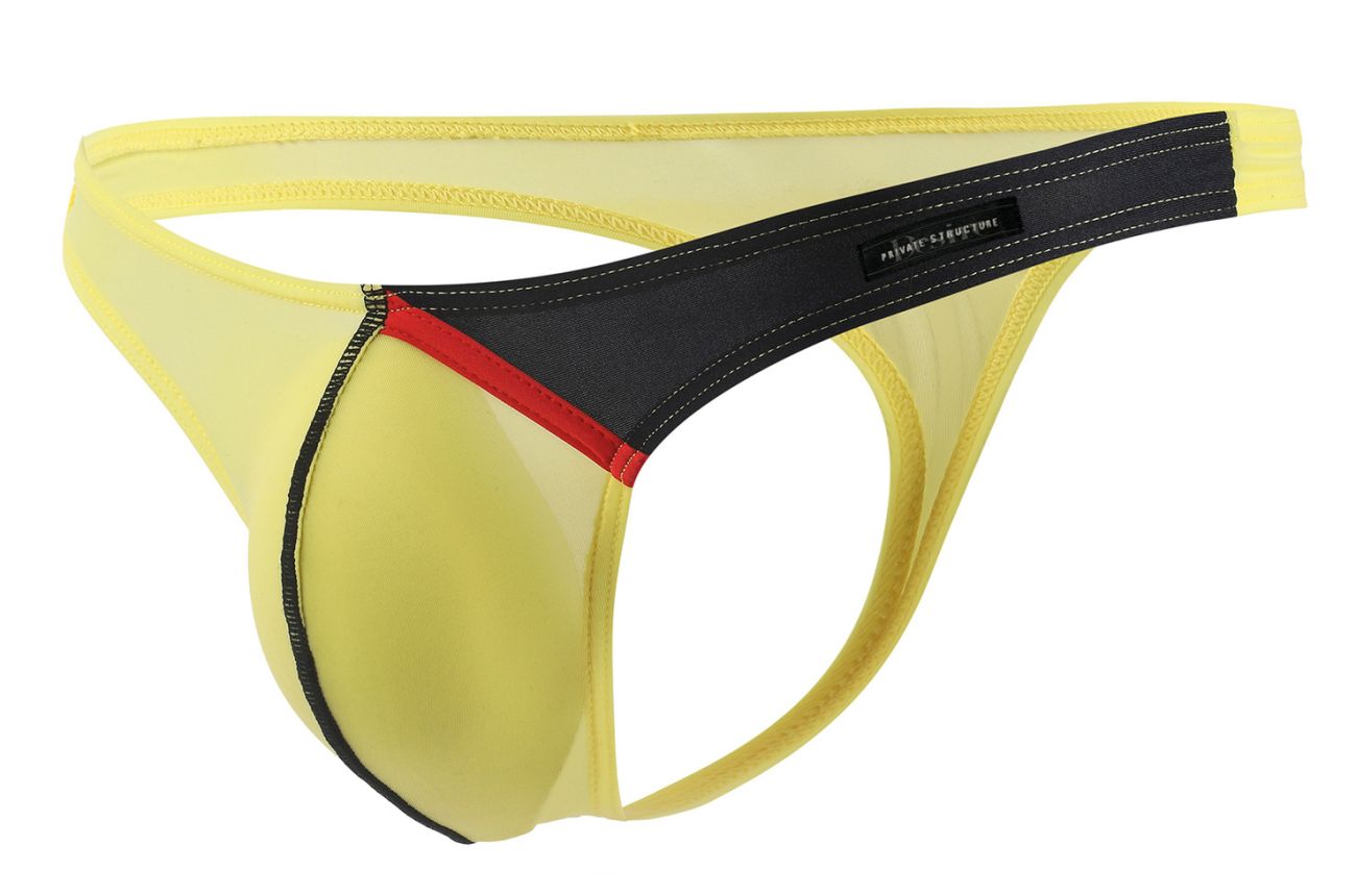 Yellow mesh thong g-string by private structure with black and red trim and branded waistband label