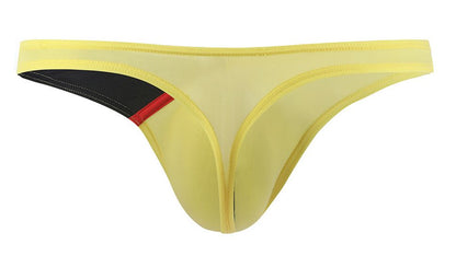 Yellow mesh thong g-string with black and red accent panel on the side from private structure desire glaze