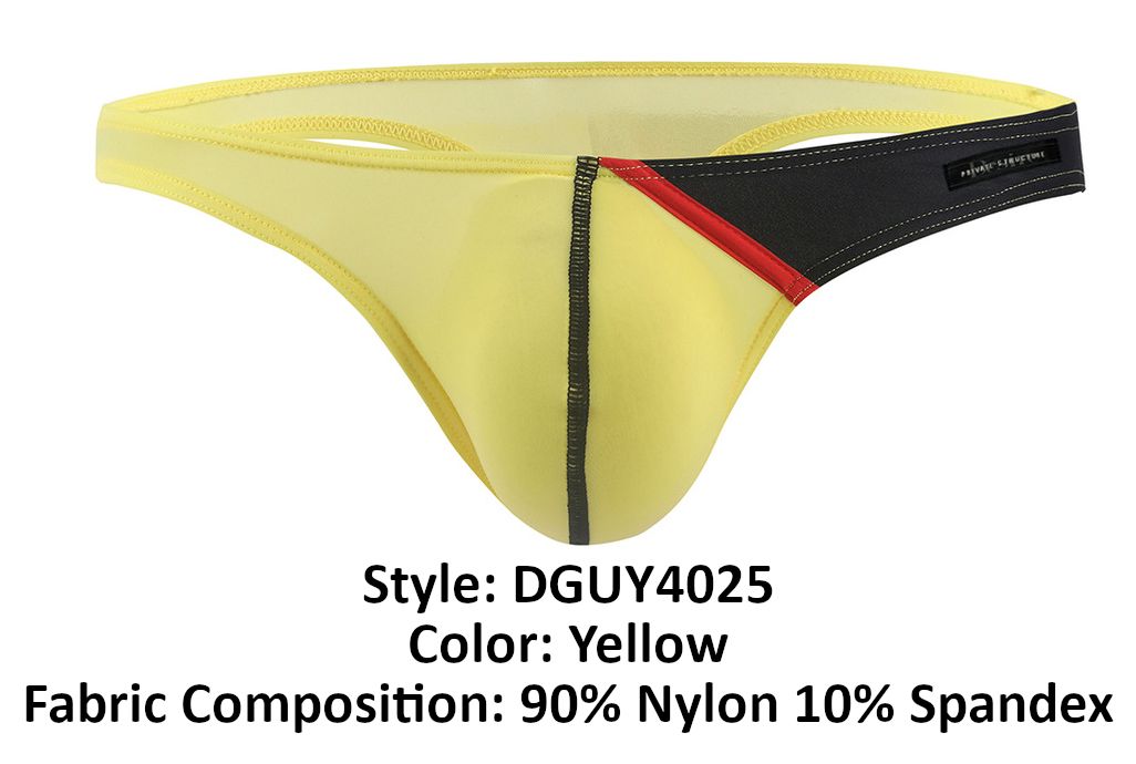 Yellow thong g-string with black and red accents made of 90 percent nylon and 10 percent spandex by Private Structure