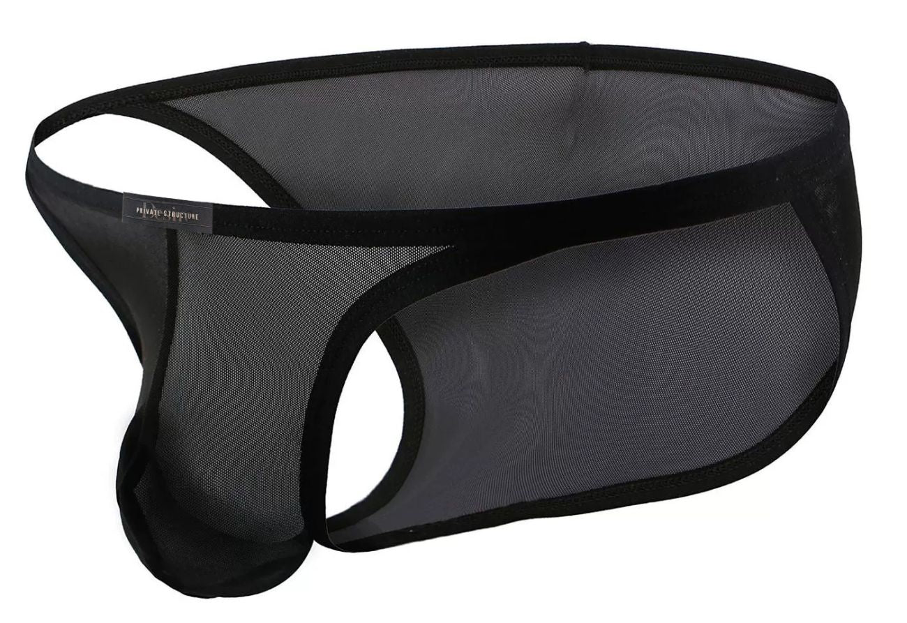 Black mesh men’s low rise bikini underwear with solid black elastic waistband and trim private structure desire intima