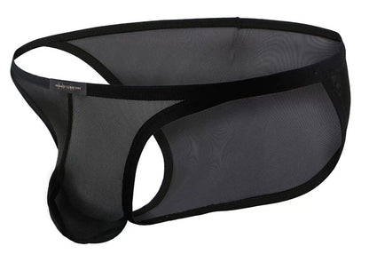 Black mesh men’s low rise bikini underwear with solid black elastic waistband and trim private structure desire intima
