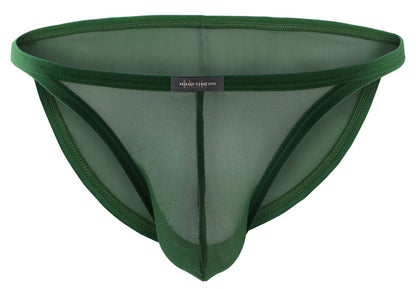 Dark green mesh thong with solid fabric waistband and leg openings from private structure desire intima low rise bikini