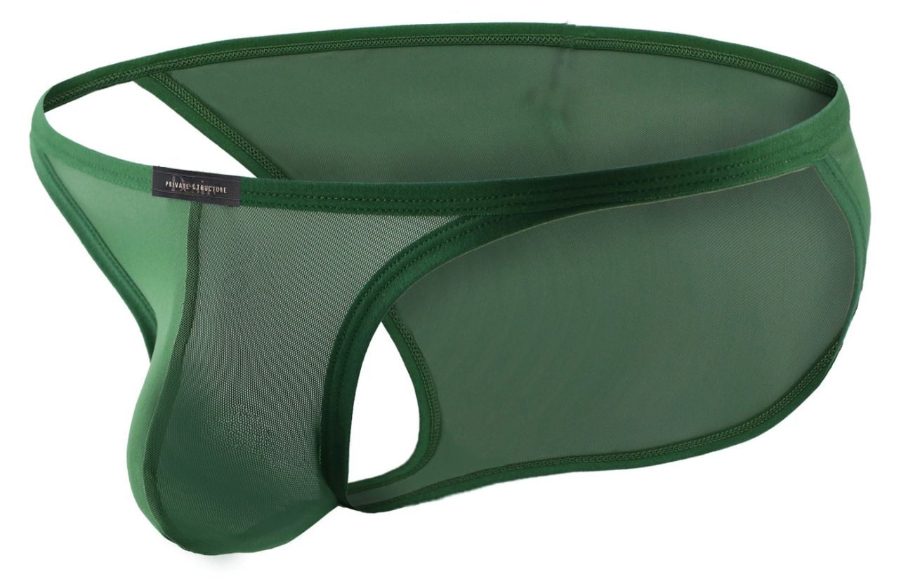 Dark green low rise bikini thong from private structure with mesh fabric, solid waistband, and reinforced seams