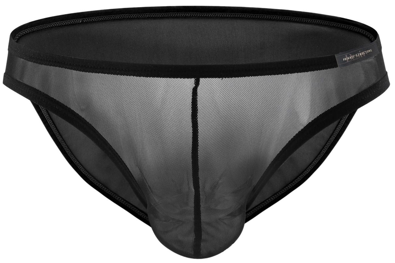 Private Structure DIAMU3455BT desire intima low rise bikini brief in black mesh with solid waistband and trim