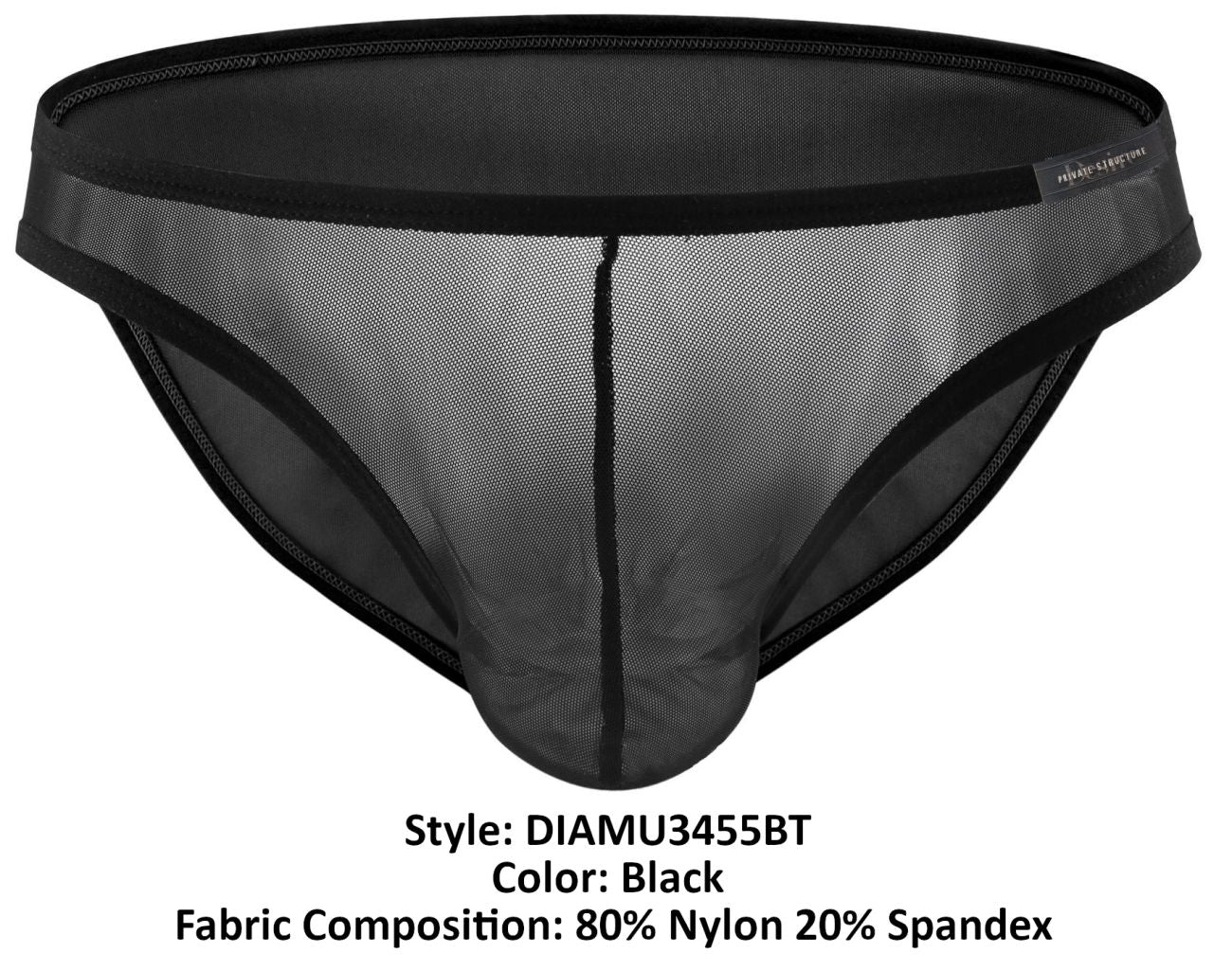 Black mesh briefs with solid elastic waistband and leg edges made from 80 nylon 20 spandex by Private Structure