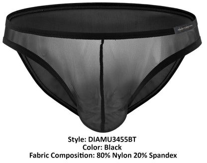 Black mesh briefs with solid elastic waistband and leg edges made from 80 nylon 20 spandex by Private Structure