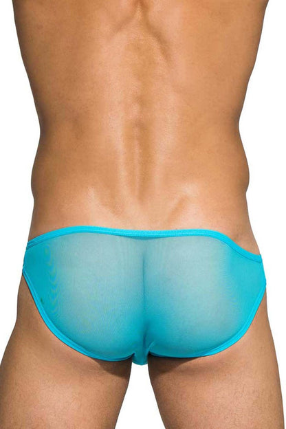Turquoise sheer mesh low rise bikini briefs by Private Structure with smooth form-fitting design in blue