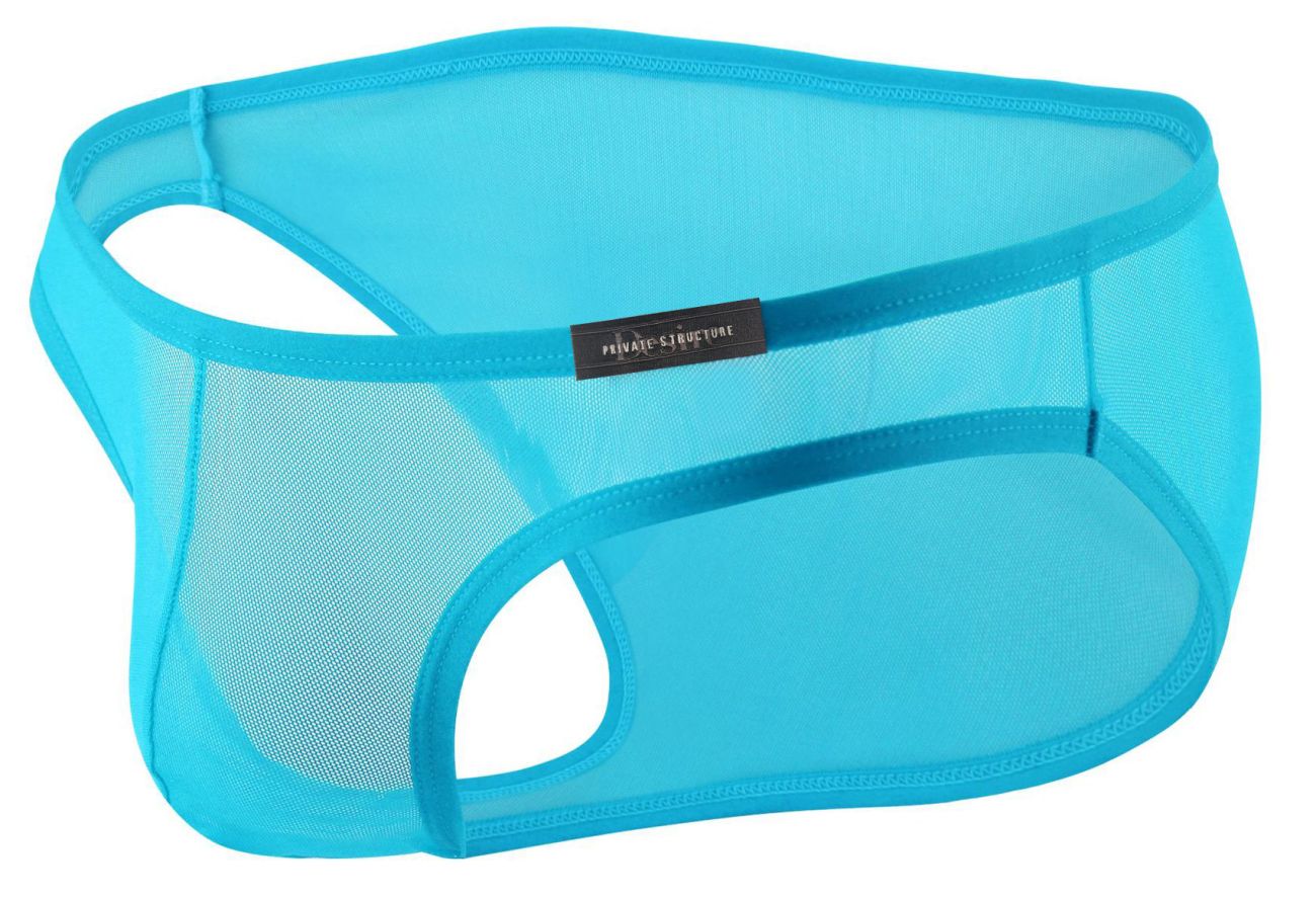 Bright turquoise mesh men’s low rise bikini underwear by private structure with sleek design and reinforced waistband