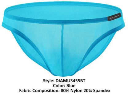 Bright blue sheer mesh low rise bikini briefs made of 80% nylon 20% spandex by Private Structure
