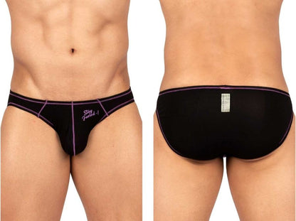 Black Private Structure EPUS4563 Prime Eutopia bikini briefs with purple trim and stay packed embroidered logo