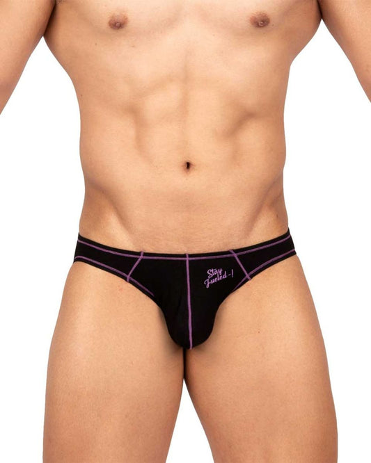 Black mens bikini briefs by private structure in charcoal with purple trim and embroidered stay fueled text
