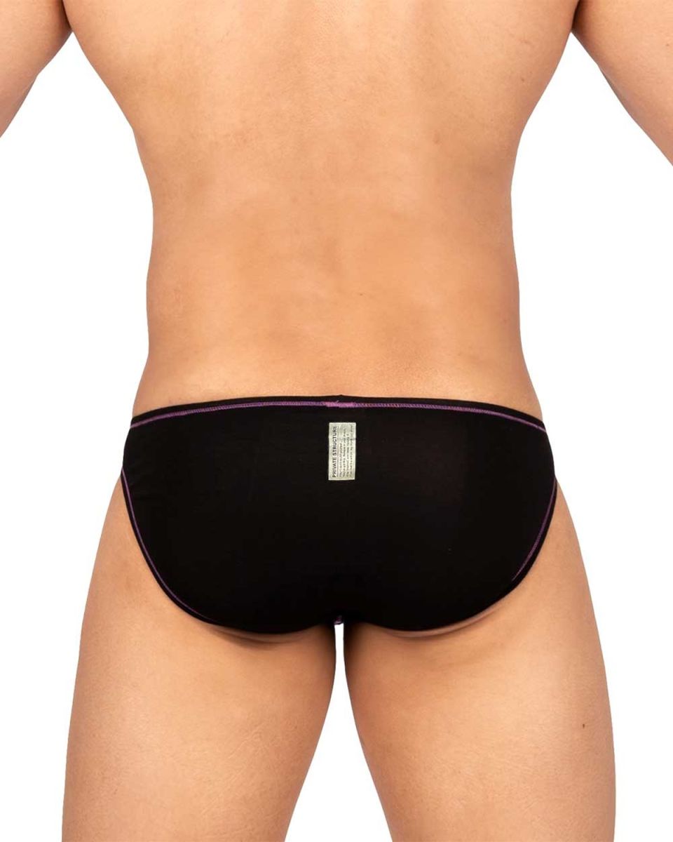Black private structure epus4563 prime eutopia bikini brief with subtle purple trim on charcoal fabric