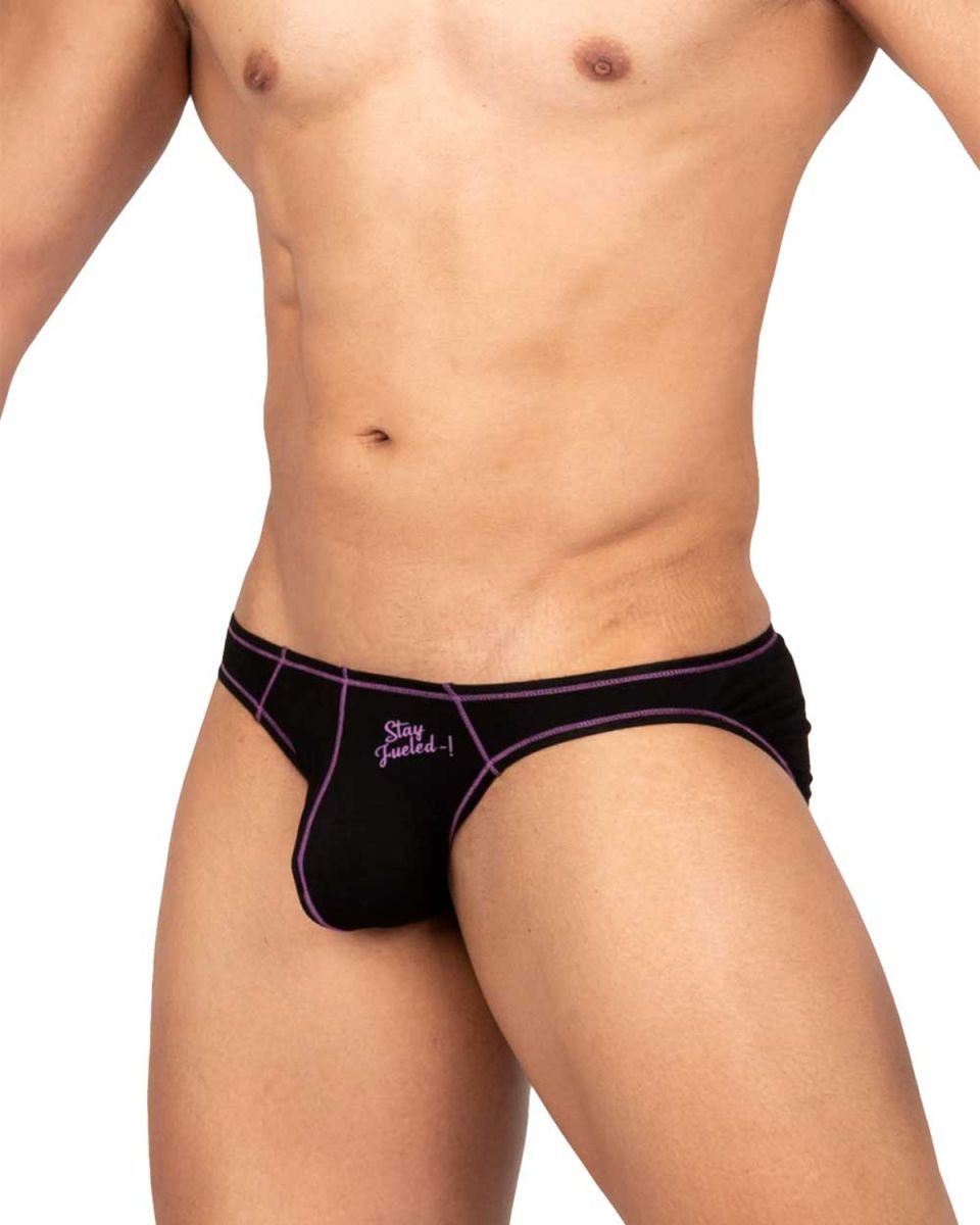 Private Structure EPUS4563 prime eutopia charcoal men’s briefs with purple trim and pink stay fueled embroidery