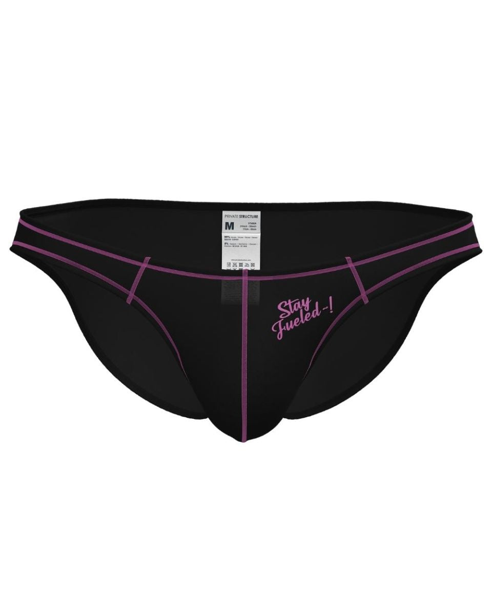 Black athletic briefs with purple trim and stay fueled embroidered slogan private structure epus4563 prime eutopia bikini brief charcoal