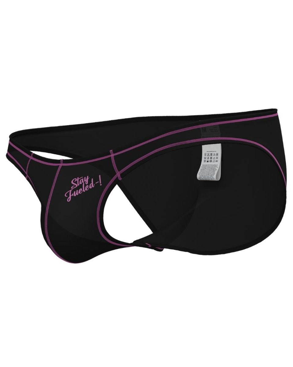 Private structure epus4563 prime eutopia bikini brief in charcoal black with purple trim and pink stay fueled embroidery