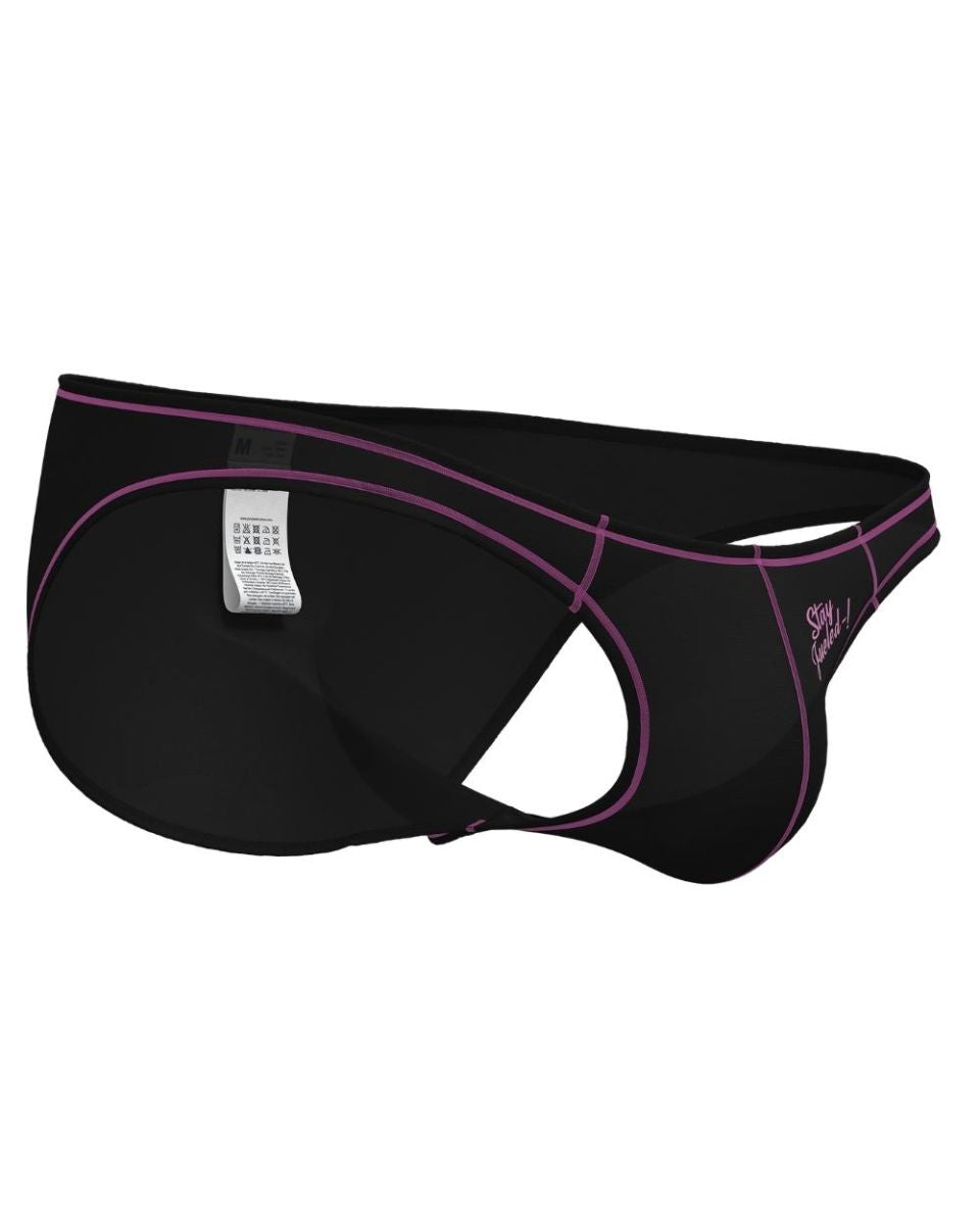Black men’s briefs with purple trim and stry logo on the side in charcoal color from private structure prime eutopia series